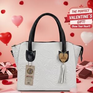 Black and White Embossed Tooled Artisan LEATHER Bag Purse Bolsa Artesanal Mexico